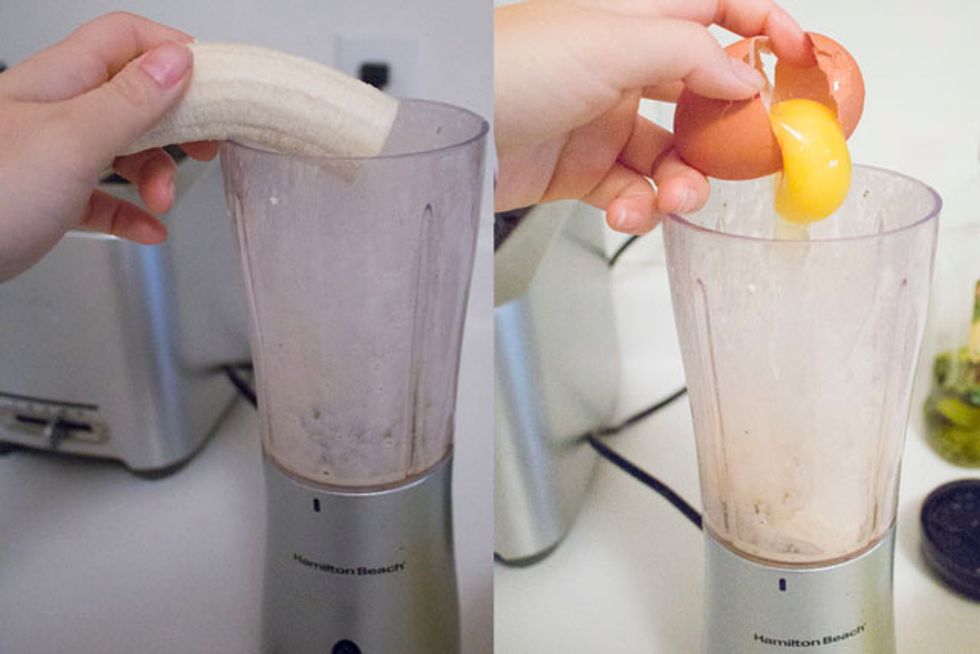 In a blender add banana in sections, and add two eggs. Blend. If you don't want to use a blender, you can mash it up with a fork in a bowl but it wont' be as well mixed.