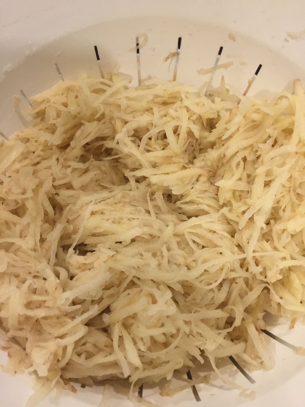 In a blender grate the potatoes. Set aside in a colander sprinkle some salt & set aside for 5 mins - this will extract the moisture. With small amounts, press out as much liquid as possible.