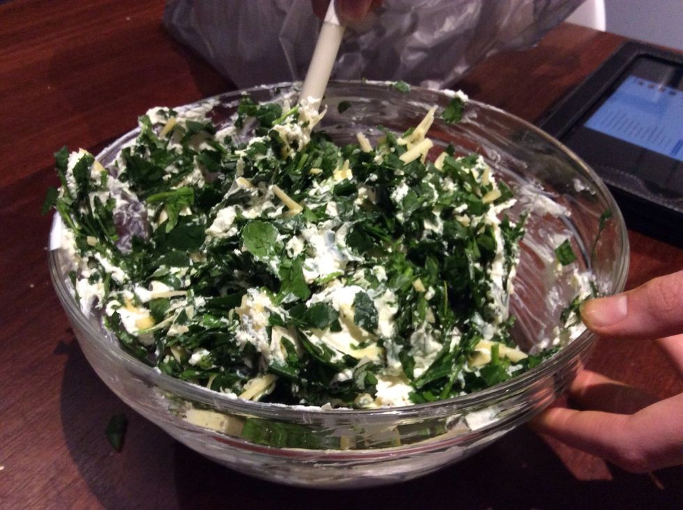In a bowl, add ricotta, salt, pepper, basil, parsley and parmesan then fold it all together.