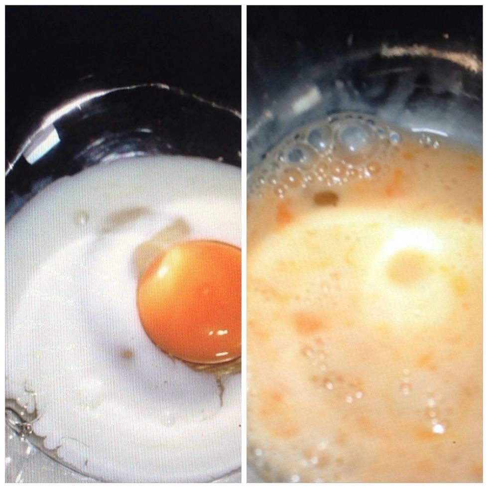 In a bowl, combine 1/4 cup of milk and an egg and whisk until combined