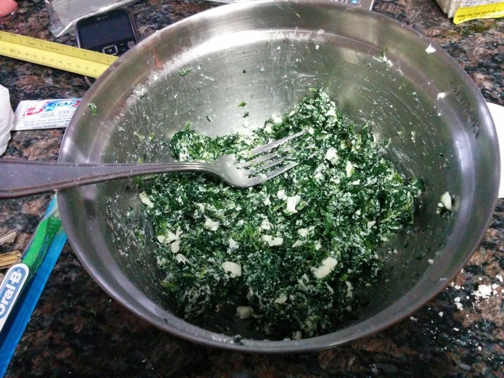 In a bowl, combine drained spinach, salt, pepper, oregano, onion powder, ricotta, and feta