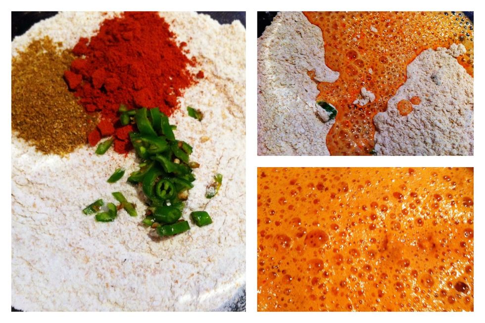 In a bowl combine flour, salt, dry spices & green chilly. Slowly add 1/2 beer bottle at a time & whisk. If batter is too thick add more beer, if runny add flour. Should be able to coat fish well.