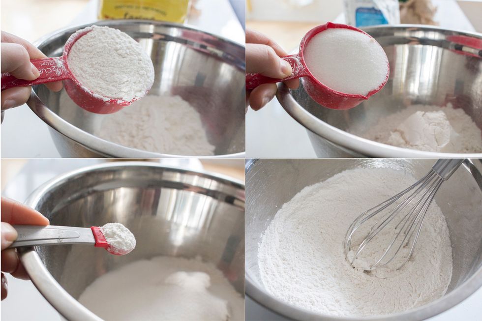 In a bowl designated for dry ingredients add 1.5 cups all purpose flour, 1 cup granulated sugar, 1.5 tsp baking powder & 1/4 tsp salt. Whisk together and set aside.