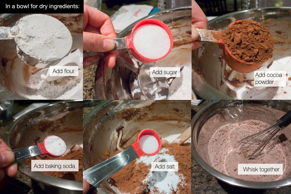 In a bowl designated for dry ingredients, whisk together flour, sugar, cocoa powder, baking soda and salt.