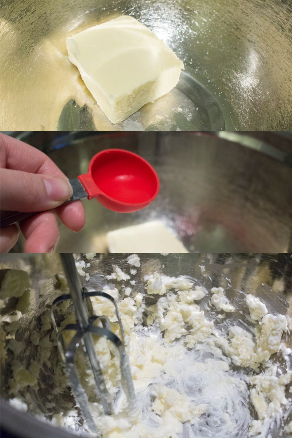 In a bowl designated for wet ingredients, add butter, shortening and water and beat until well combined. Shortening makes the cookie extra soft & chewy!