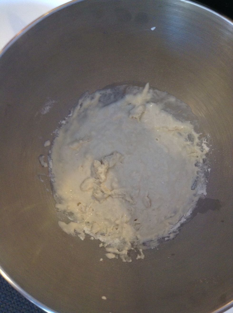 In a bowl, mix 1 CUP all purpose flour with the water and yeast. Mix it until smooth and let it rise for 1 hour