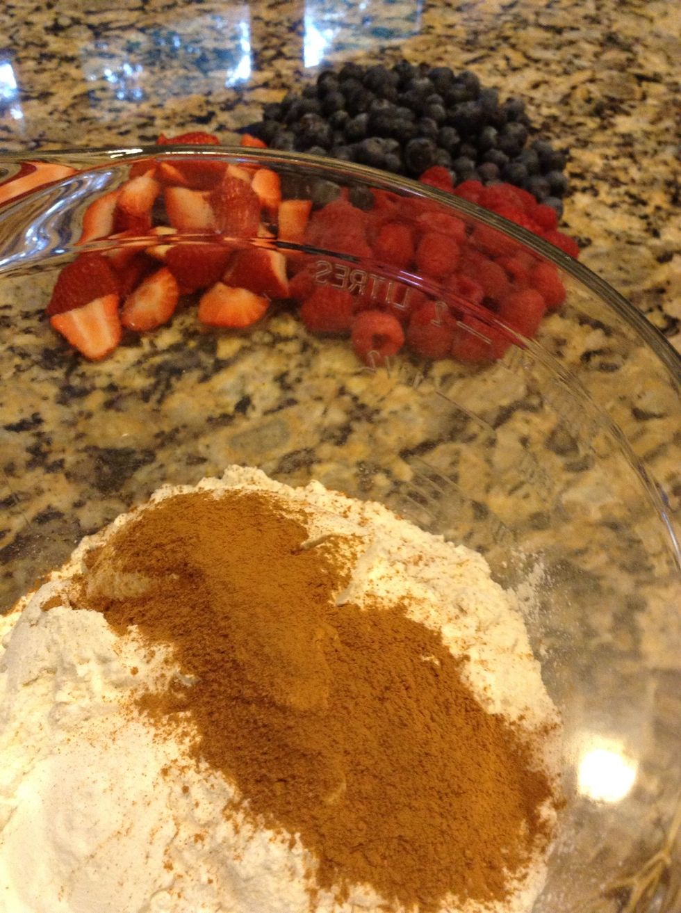 In a bowl mix: 3 1/2 c flour, 1 TB baking powder, 1/2tsp b soda, 1/2 tsp salt and 3TB cinnamon