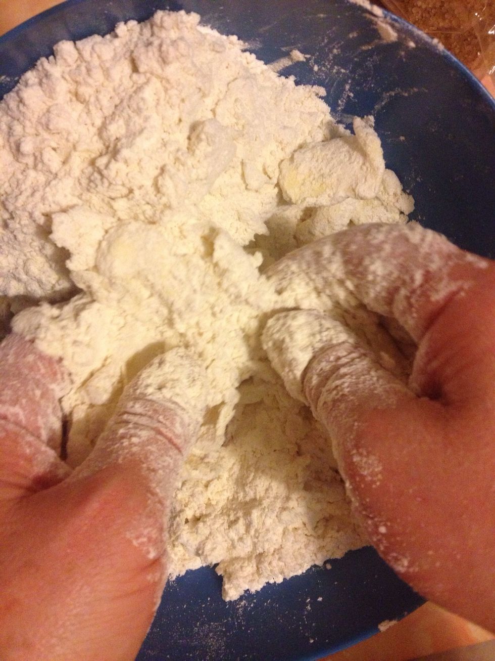 In a bowl, mix the flour and butter with your fingers until it looks like breadcrumbs.