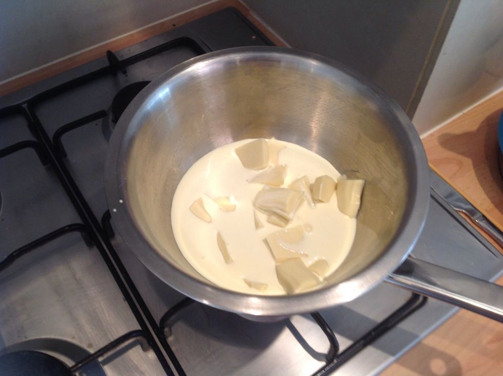 In a bowl over a boiling pan of water melt the white chocolate and cream, stirring until smooth