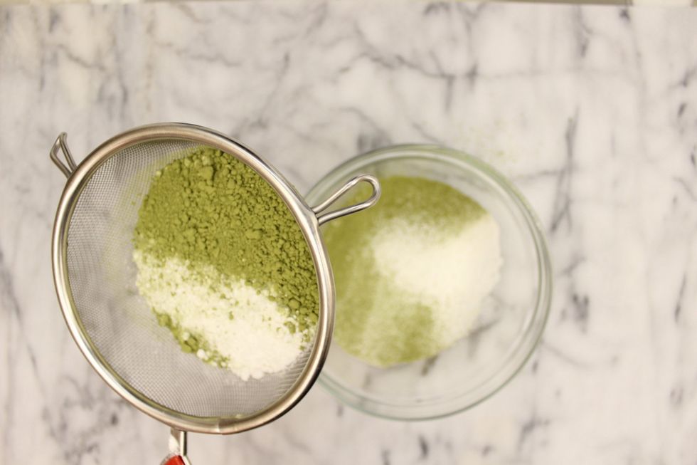In a bowl, sift together the cake flour and matcha powder.