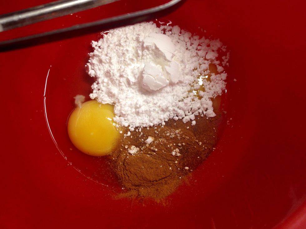 In a bowl whisk eggs, powdered sugar and cinnamon.