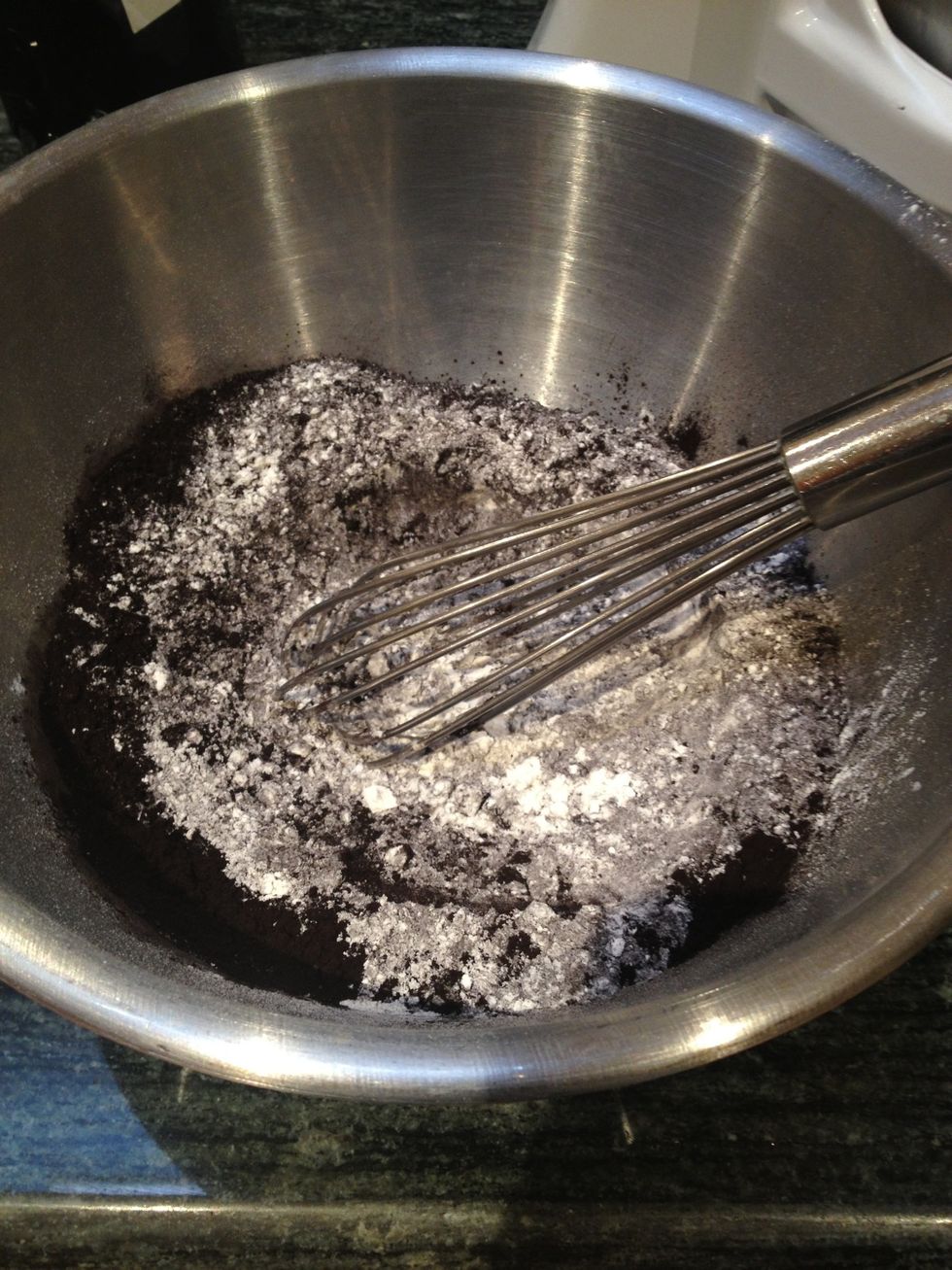 In a bowl whisk together flour, cocoa powder, baking soda, and salt.