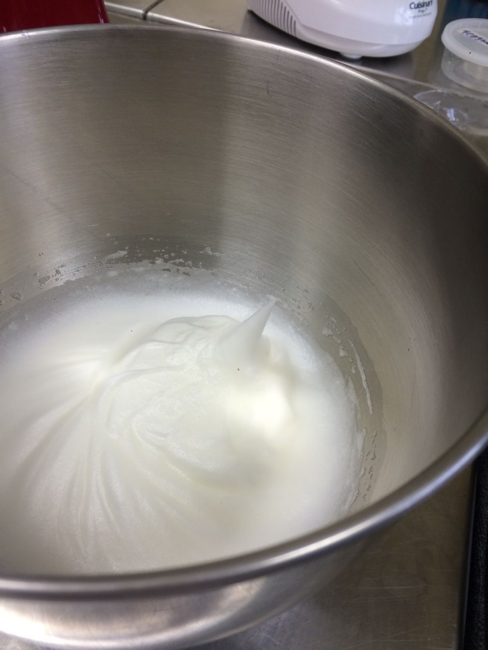 In a clean bowl on the stand mixer whisk egg whites until stiff peaks form.