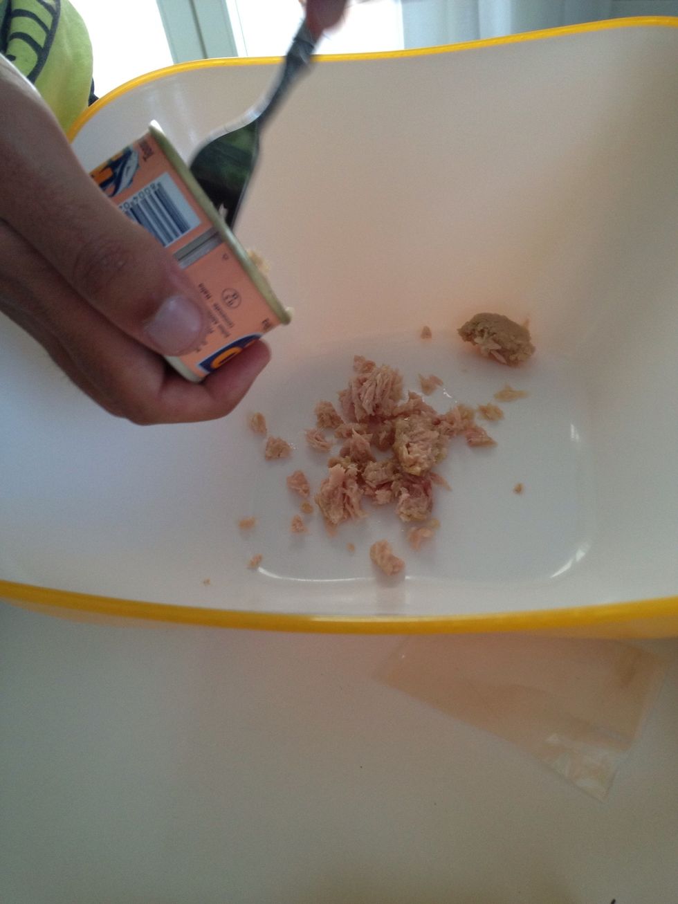 In a container throw the tuna
