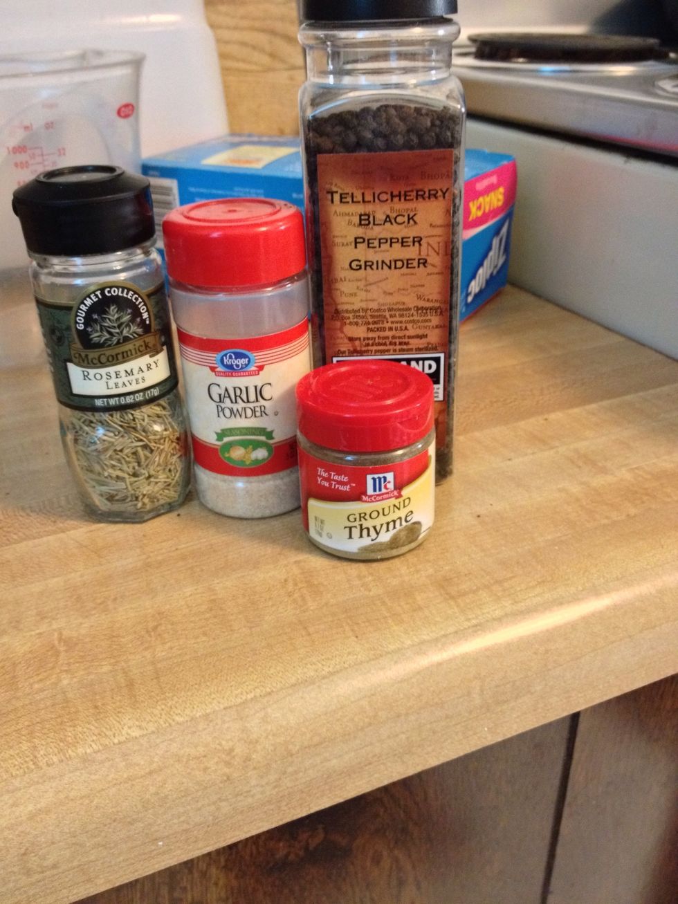 In a crock pot mix-->  3 cups water  1/2 cup soy sauce  1 tsp rosemary  1 tsp thyme  1 bay leaf (dried)  1 tsp garlic powder  2-3 peppercorns  (Not all supplies pictured)