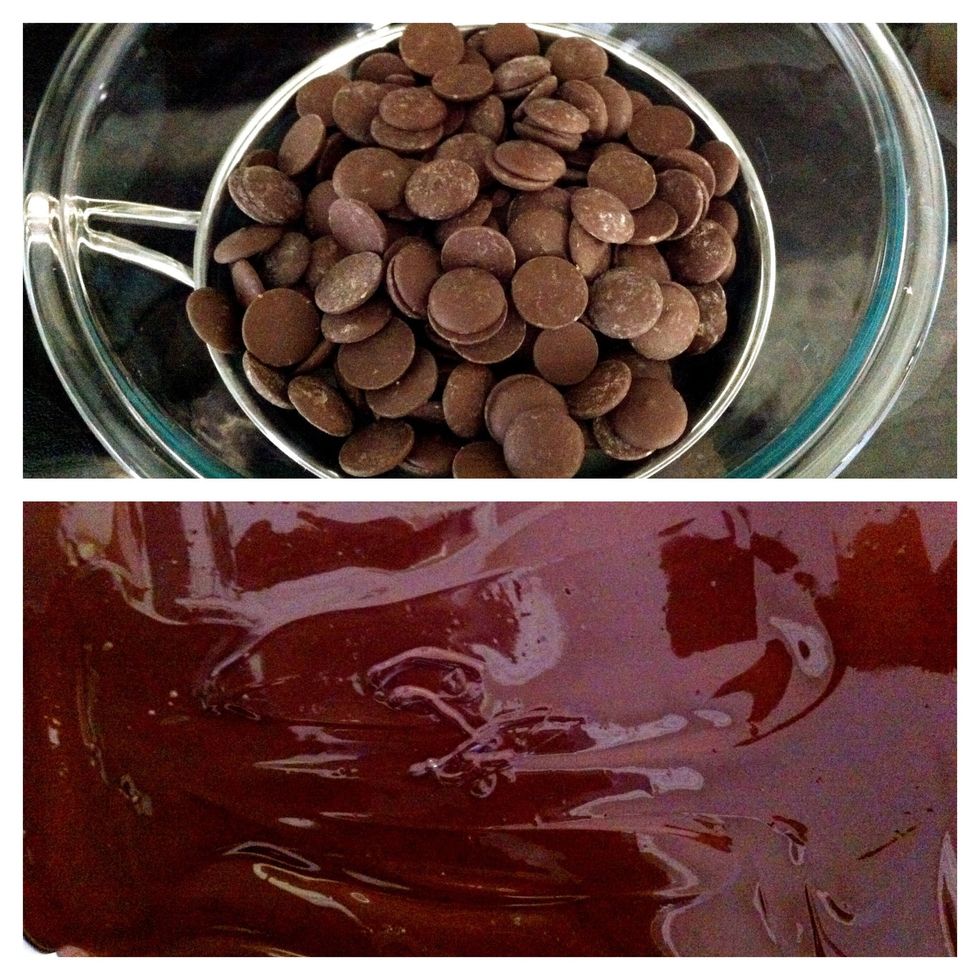 In a double boiler melt dark chocolate. Once melted pour onto parchment lined cookie sheet .