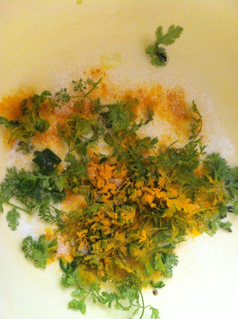 In a dry bowl add 1/2 tspn turmeric, garam masala,salt and 1 diced green chilli