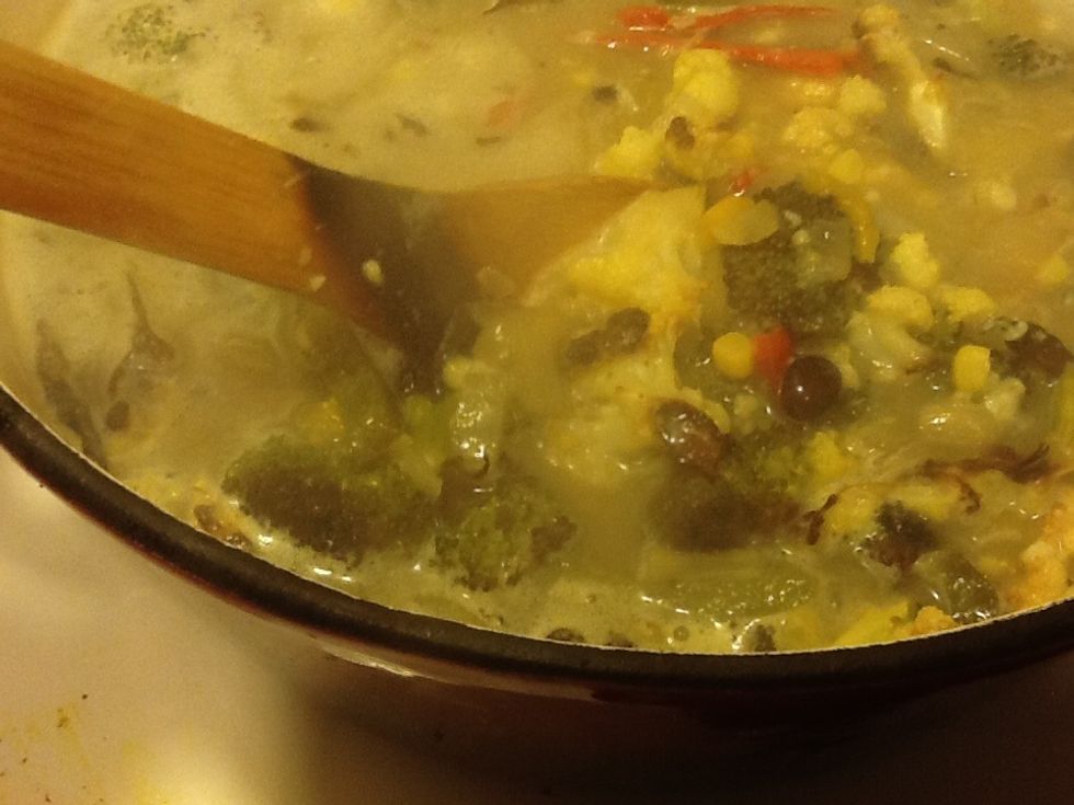 In a Dutch oven add the roasted cauliflower broccoli, corn, black beans, cream of broccoli, onions, garlic and chicken stock. Bring to a boil then place lid on an simmer for15 minutes.