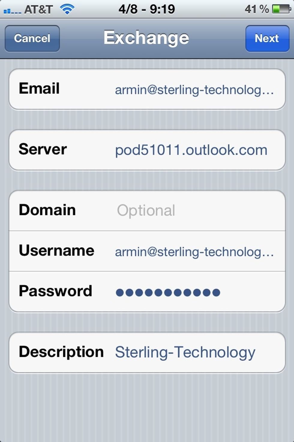 In a few moments, a new field titled 'Server' will appear. It should be pre-populated with the correct server address. If it is not filled in, enter "m.outlook.com" (w/o quotes). Tap Next.