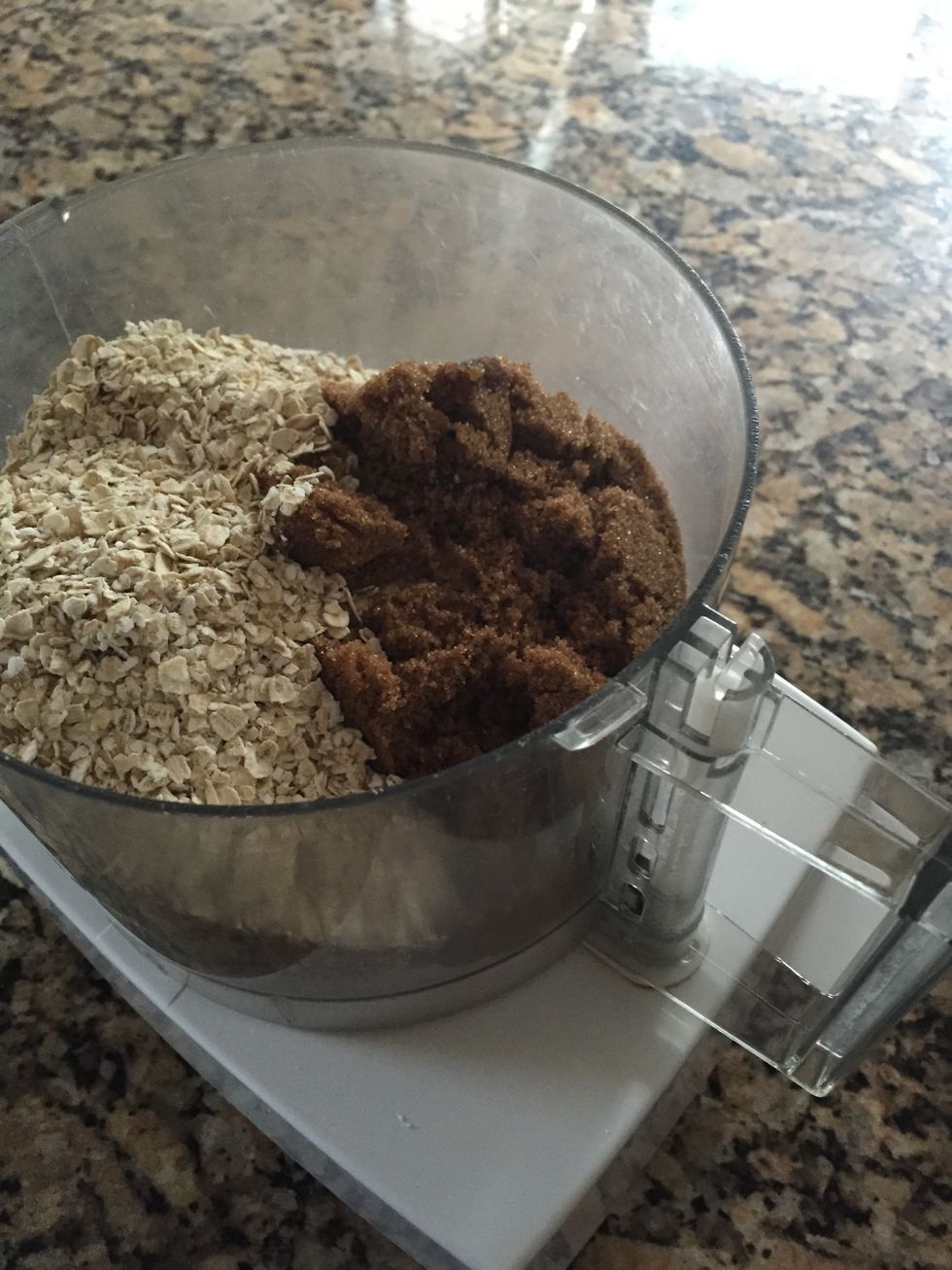 In a food processor, add: \u20221 1/2 cups gf flour. (I use Pamela's brand, it bakes perfectly) \u20221 cup dark brown sugar \u20221 1/4 c gf oats Pulse this just to incorporate