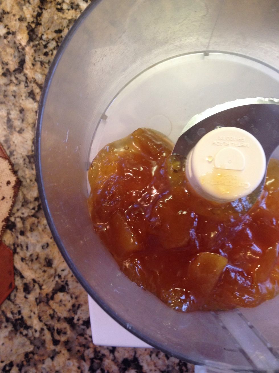 In a food processor, blend your preserves so that they are a little less chunky. I used about half the jar. Let's say about a cup