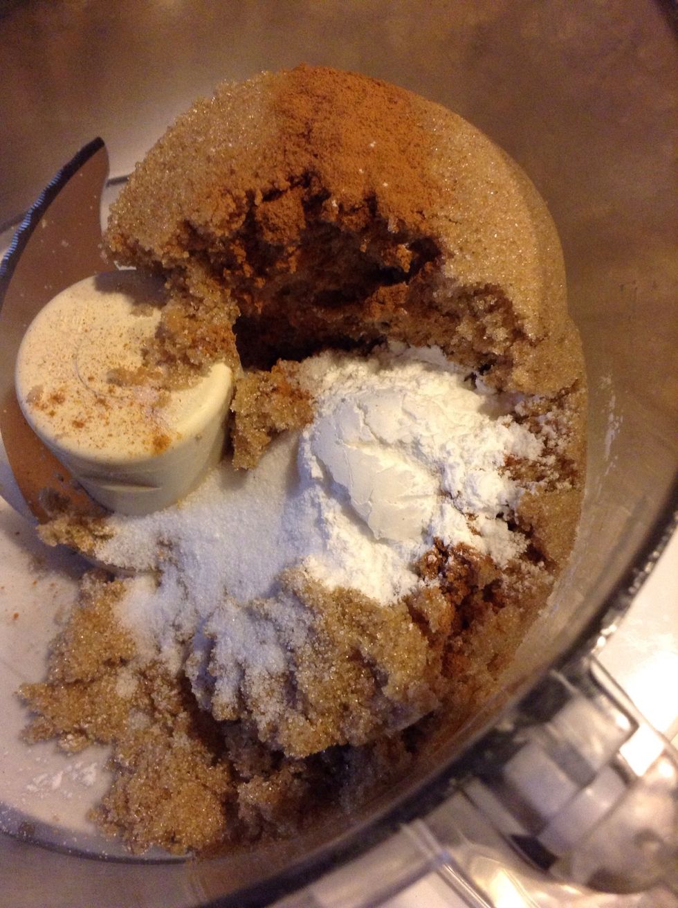 In a food processor, pulse to blend the 1 cup brown sugar, 2 tsp baking powder , and 1 tsp each: salt, and cinnamon. I do this so that the brown sugar breaks up when you mix in the oatmeal