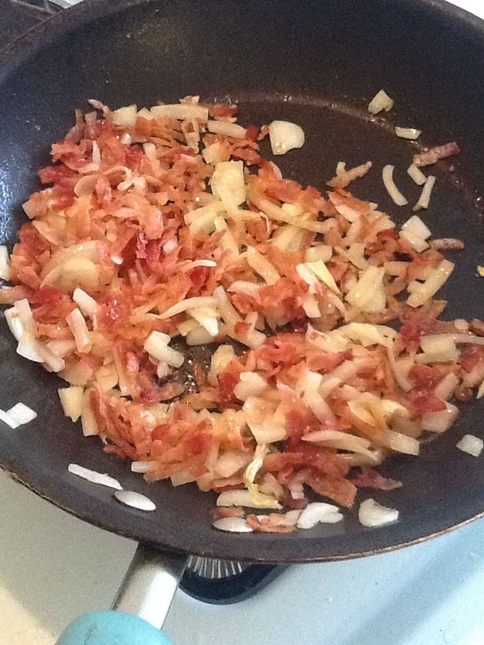 In a frying pan with your butter stir fry the onions till they are translucent and then add your bacon, curry powder, salt and pepper to taste. Take off flame and set aside.
