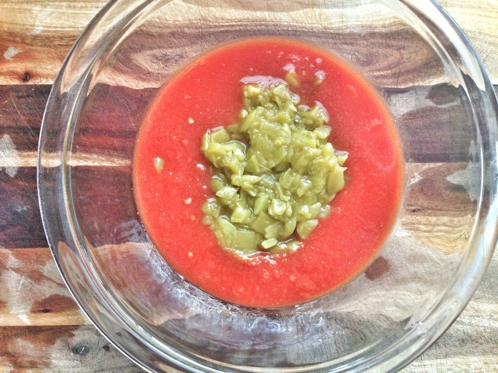 In a glass mixing bowl, combine the El Pato tomato sauce and green chiles.