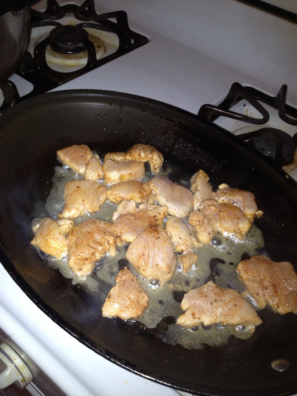 In a hot skillet, fry up your chicken...but don't turn it too much!!