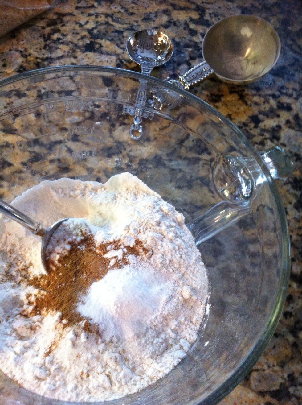 In a large bowl add 1 2/3 cup bread fl, 1 cup sugar, 1 heaping tsp pumpkin pie spice, 1 tsp baking soda, and 1/4 tsp each: salt and baking powder