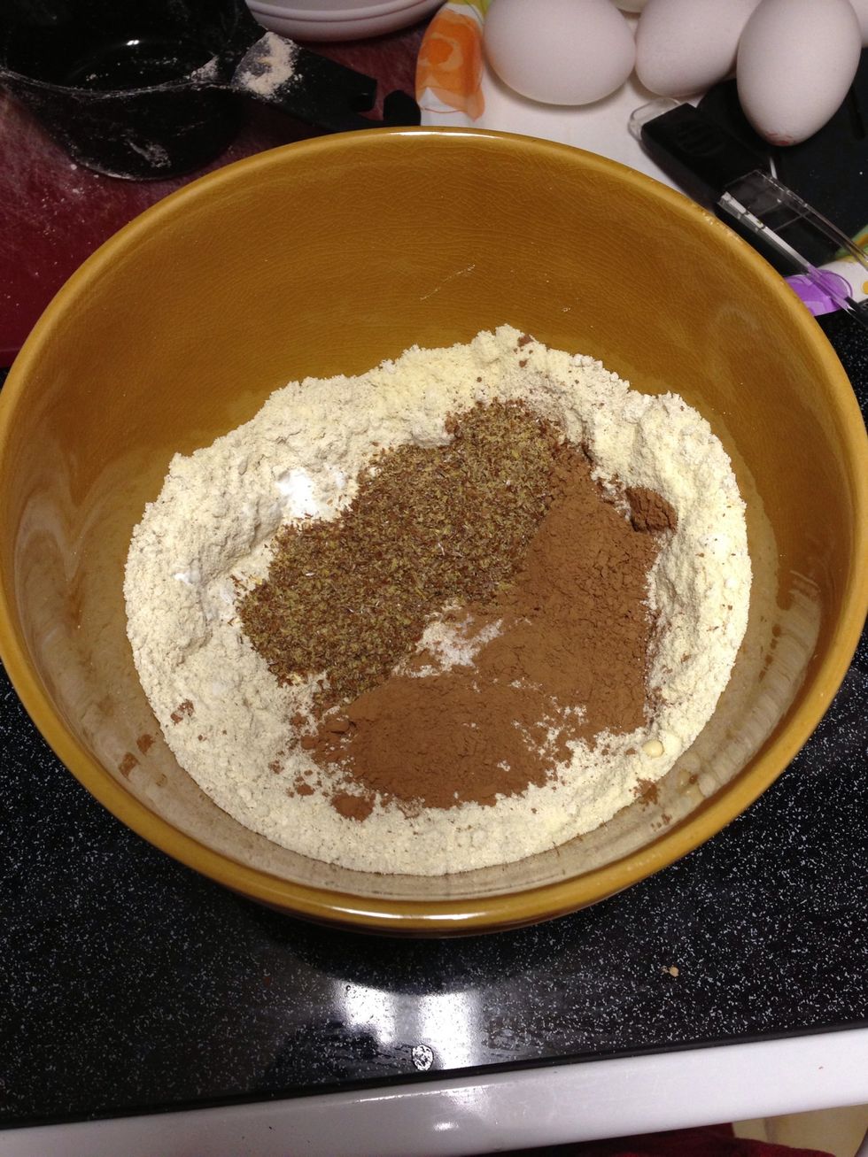 In a large bowl add all dry ingredients. Oat flour, protein, baking soda, sea salt, ground flaxseed, baking cocoa.