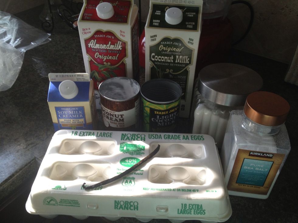 In a large bowl add eggs, one milk and sugar. Using a wire wisk or mixer blend until sugar dissolves. Then strain to remove "gloppy egg bits".