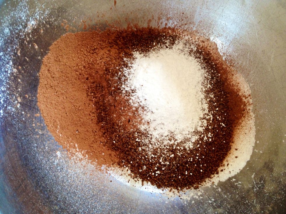 In a large bowl, add the flour, cocoa powder, instant coffee, baking powder and salt.