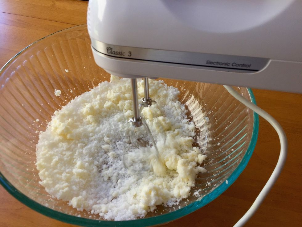 In a large bowl, beat together butter and sugar. It should resemble wet sand, but it's OK if it's a little clumpy.