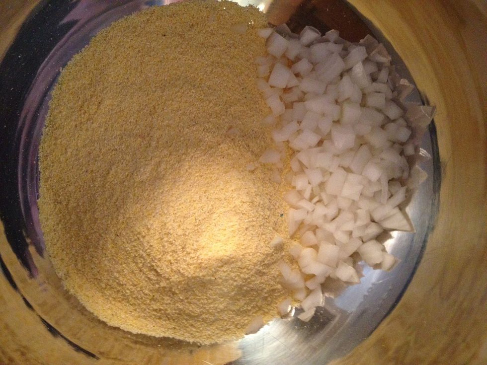 In a large bowl combine cornbread mix and onion