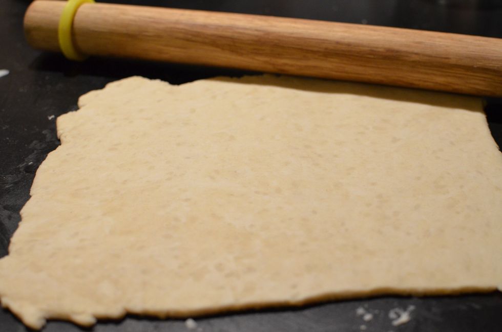 In a large bowl, combine flour, baking powder, salt, cold butter and milk. Form into a ball, roll out.