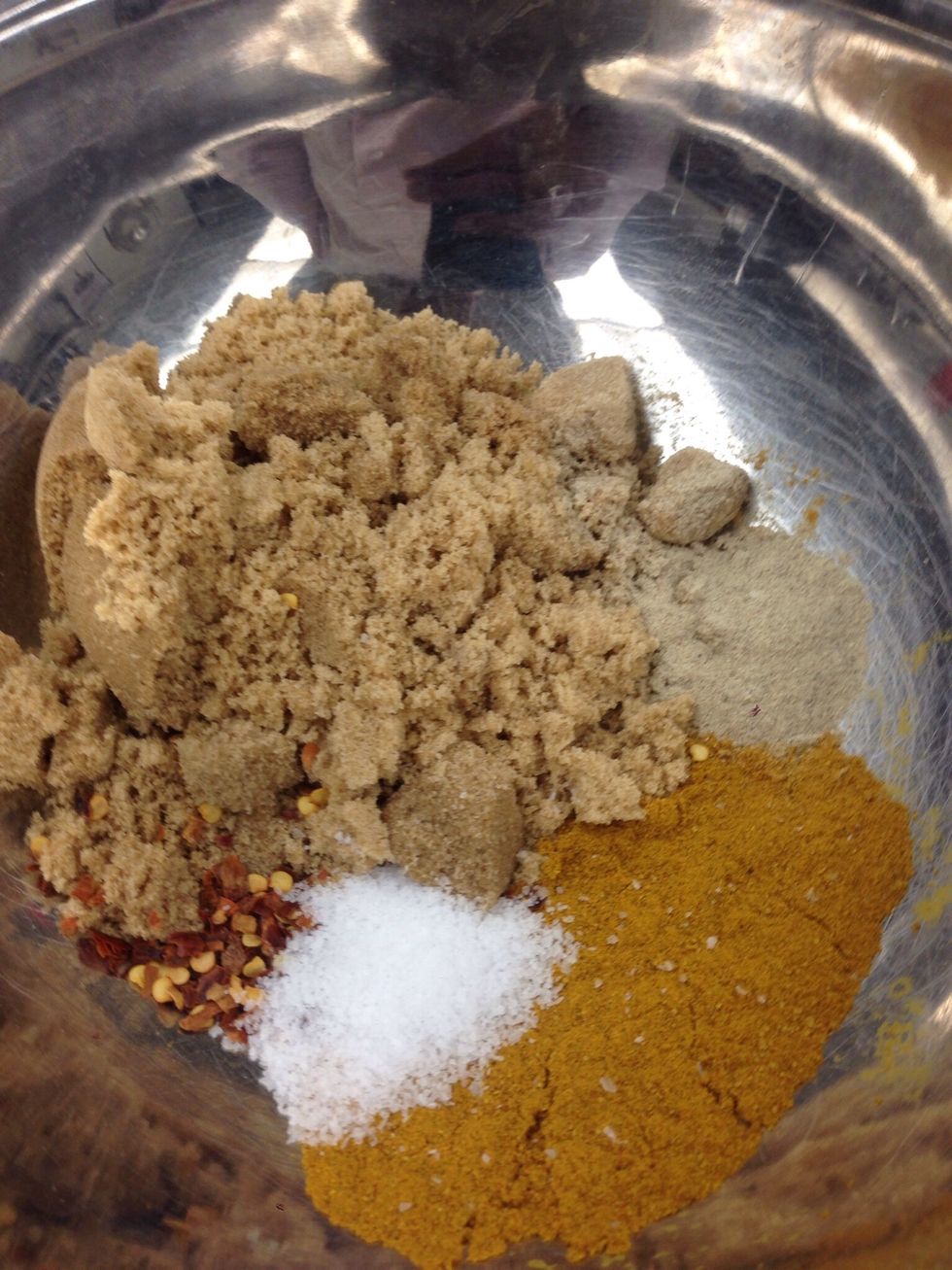 In a large bowl combine the following: chile flakes, brown sugar, curry powder, kosher salt, and white pepper.