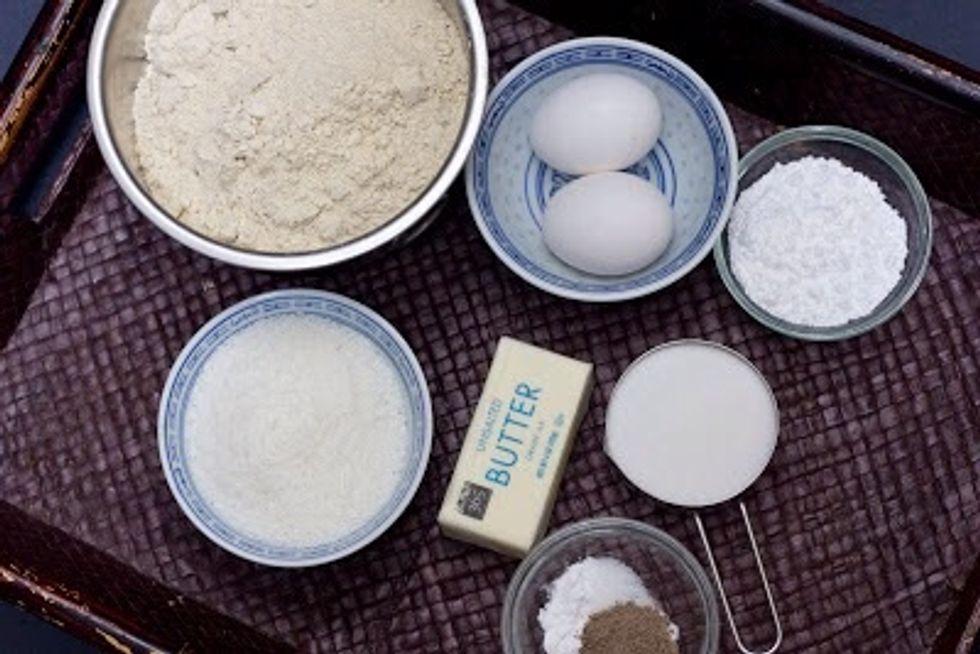 In a large bowl mix together:    2 sticks of unsalted butter ,1/2 cup of sugar, 1/4 cup of brown sugar or for a crisper more shortbread-like cookie (I did) use  1/4 cup of powdered sugar instead.