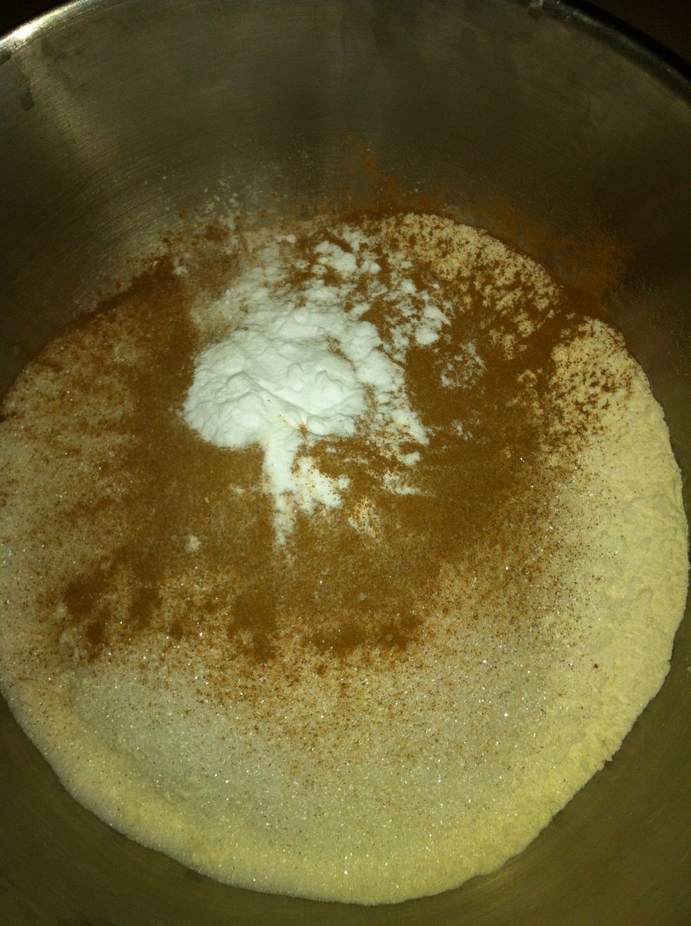 In a large bowl mix together flour, sugar, cinnamon, salt and baking soda. In another bowl mix remaining ingredients except cherry mix.