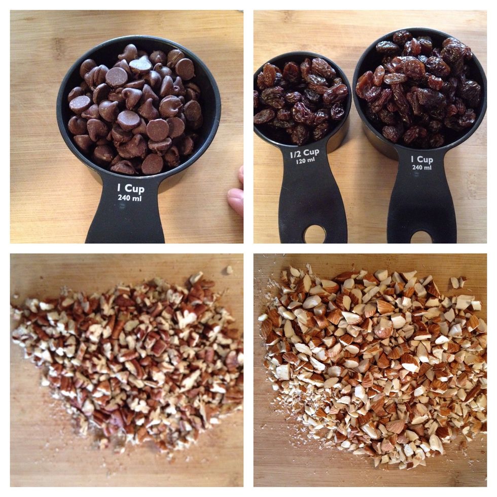 In a large bowl, stir together the chocolate chips, raisins, pecans and almonds.