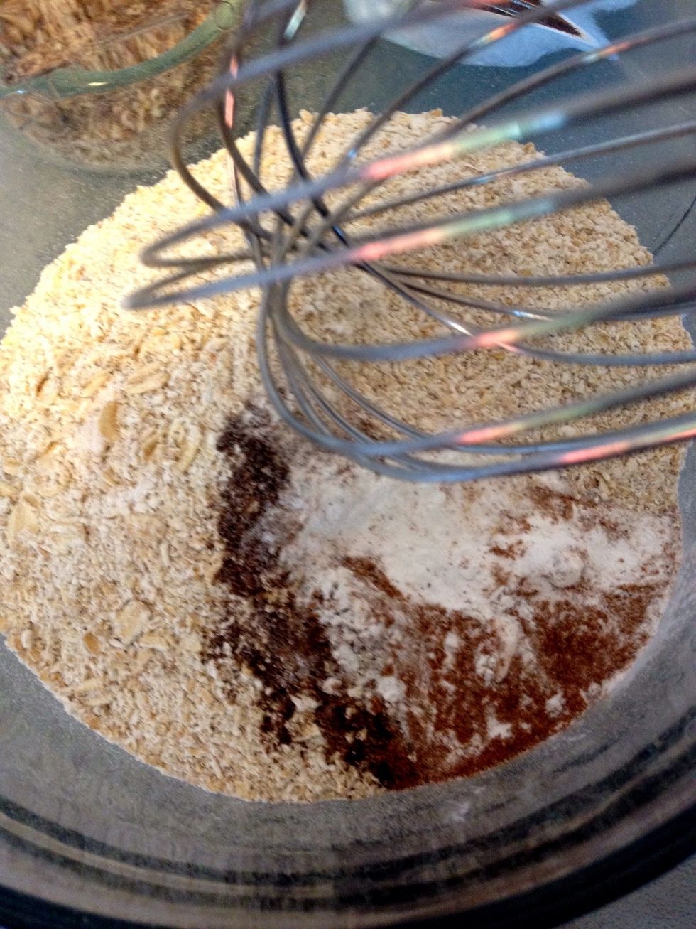 In a large bowl, whisk together flour, oatmeal, salt, baking powder, baking soda, cinnamon, ginger, nutmeg and cloves.
