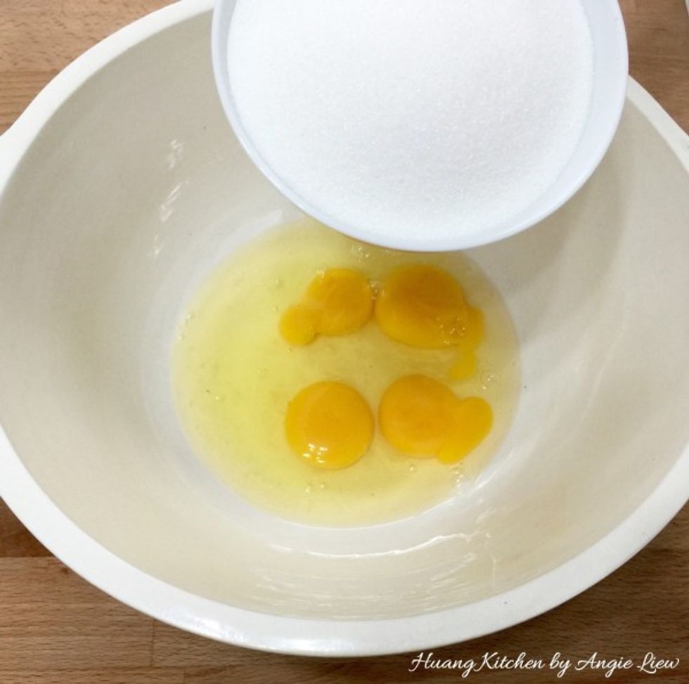In a large mixing bowl, add in the eggs and sugar.