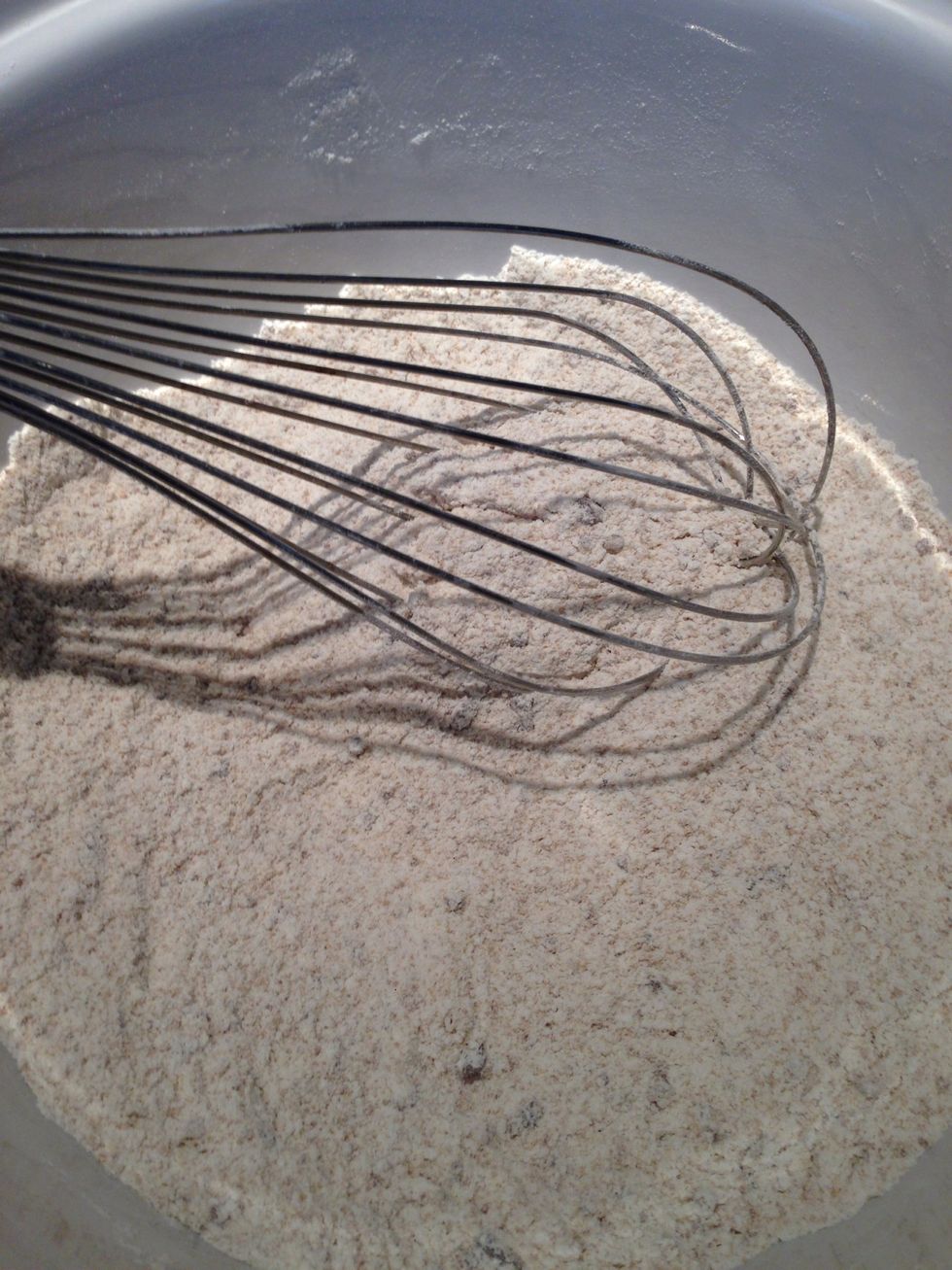 In a large mixing bowl, mix the flour, baking powder & brown sugar.