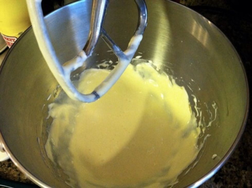 In a large mixing bowl, whisk together the flour, sugar, baking soda, and salt then set aside. In the bowl of a stand mixer, beat together the eggs and sour cream until combined.