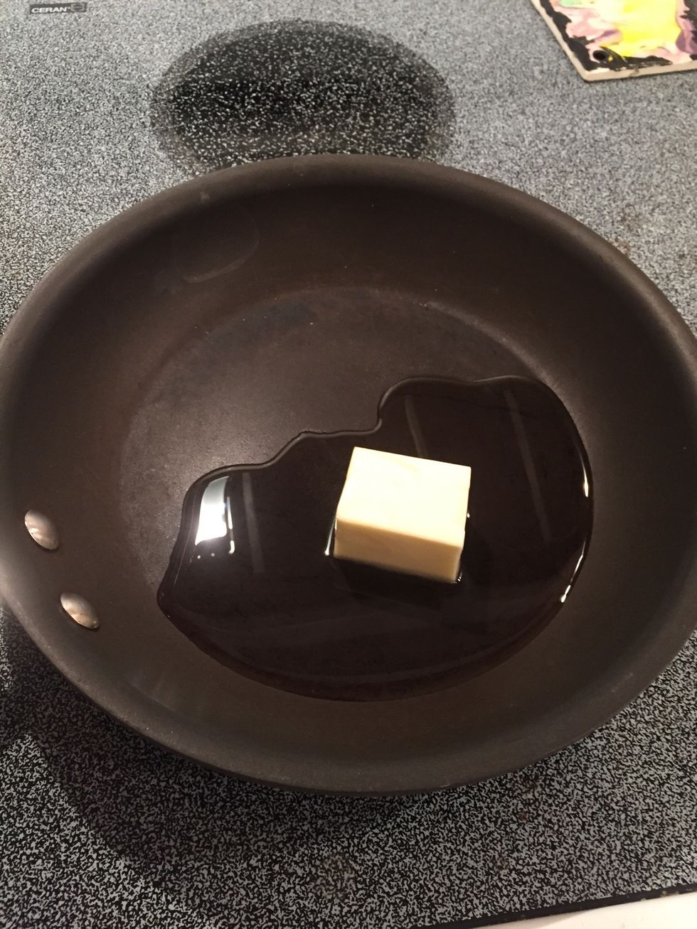In a large pan, add butter and oil over medium heat.