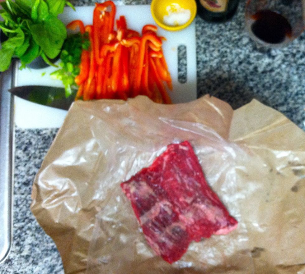 In a large skillet heat oil over med-high heat. Season steak with 1/2 teaspoon salt and 1/4 teaspoon pepper.