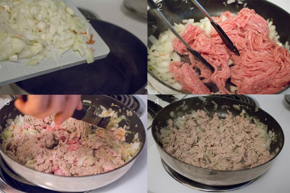 In a large skillet, over medium heat add cooking oil. Once cooking oil has heated add onions and ground turkey meat. Cook until well browned, breaking up the large chunks with tongs.