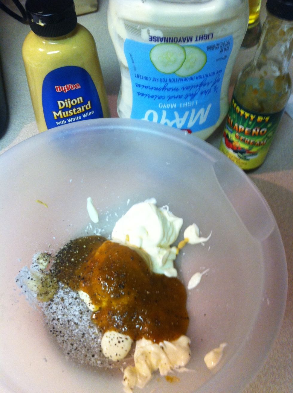 In a larger bowl add mayo, Dijon mustard, horseradish and Scotty B's Jalape\u00f1o Scream Gourmet Hot sauce. And fresh ground pepper and fresh ground sea salt to taste.