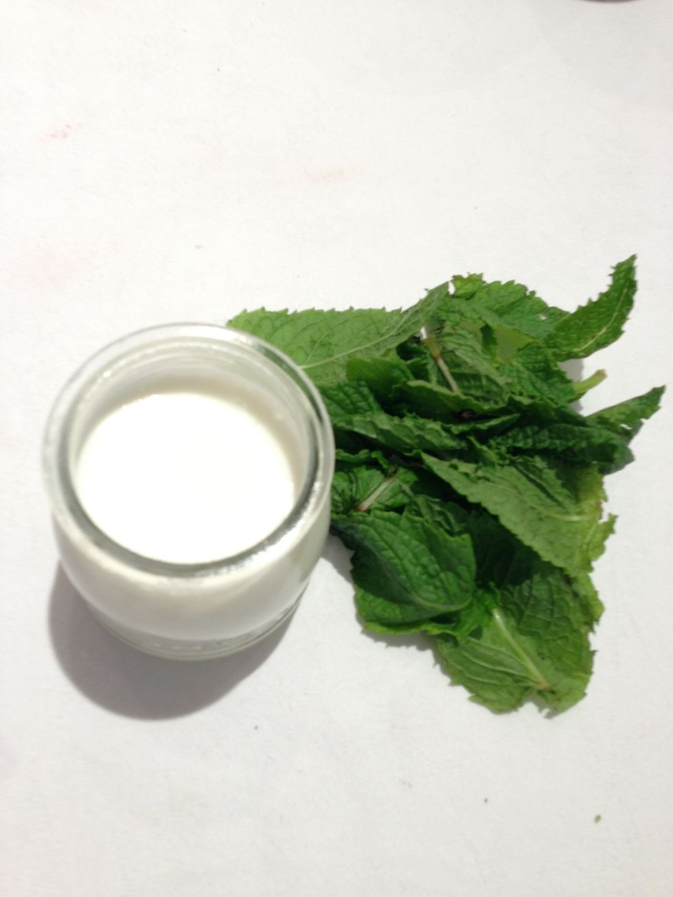 In a liquidizer put 150 g yogurt. Add 40 leaves of fresh mint. When mixed add 2 cucumbers and reduce. Add 150 g baby spinach