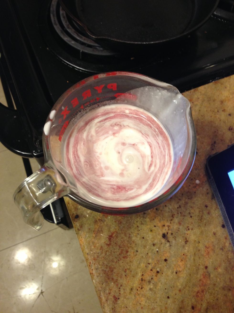 In a measuring cup add coconut milk, pomegranate juice & apple cider vinegar. Stir & set aside. Trust me you don't taste the coconut milk or the pom juice. Cake tastes like a rich chocolate cake!